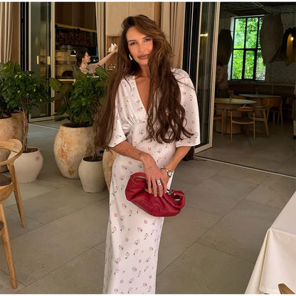 🍒Summer printed v-neck dress  with flower print womens fashion slim fit waist short butterfly sleeve long summer outfit with short sleeves high waist office wear cute comfy casu classy