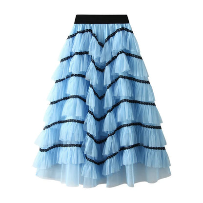 🍒Mesh cake skirt elasticated waist summer fashion midi long skirts for women female smart casual clothes princess skirts for adults occasion party wear Teirs Of Fashion Passion
