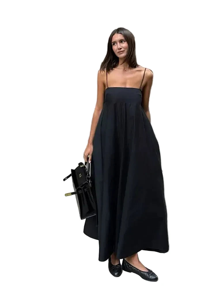 🍒Solid backless spaghetti strap dress women's summer fashion loose high waist a-line outfit summer holiday wear Back Black