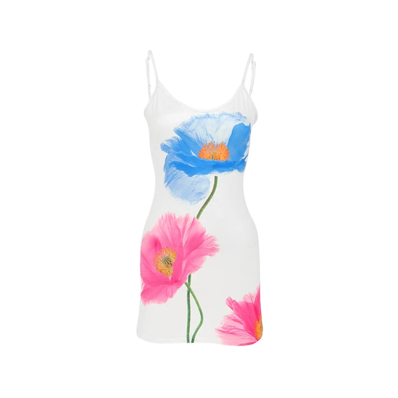 🍒Backless mini dress women summer fashion print clothing sleeveless sphagetti strap outfit White background elegant smart casual clothes Big Up Florals
