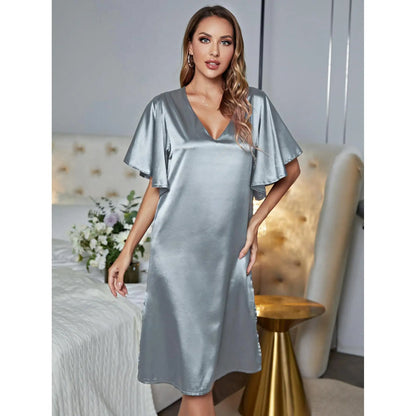 🍒Solid colour women's ice silk summer short sleeved satin night dress lounge wear for women shiny loungewear Stylely Smoothy Sleepy