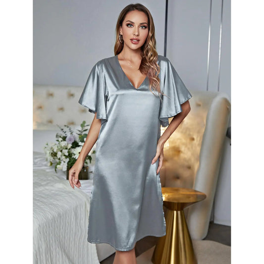 🍒Solid colour women's ice silk summer short sleeved satin night dress lounge wear for women shiny loungewear Stylely Smoothy Sleepy