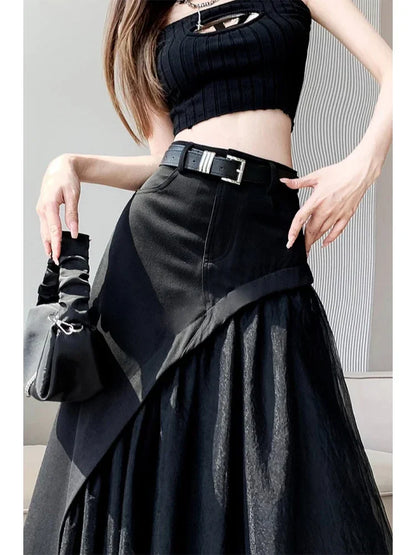 🍒Womens black skirt long smart casual wear vintage a-line skirt Y2k fashion streetwear party occashion clothes Wear Mixed Media A-ffair