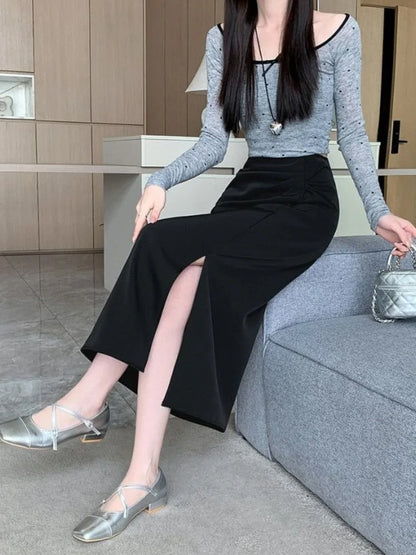 🍒Skirts for women solid high waist skirt outfit one piece fashion streetwear split bodycon  Y2k occasion midaxi fashion party wear Gather Style In A Split Second