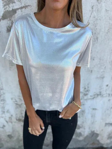 🍒Metalic loose top shiny short sleeve tee womens special occasion tops gold t-shirt o-neck fashion smart casual ladies clothes  Top 'Talic Tee