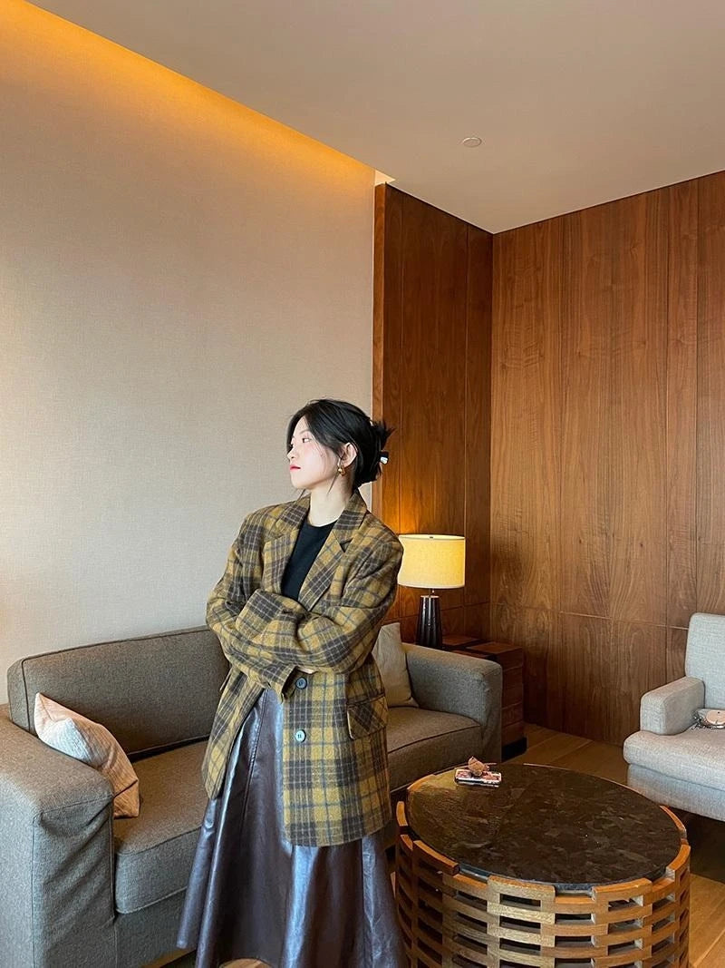🍒Womens brown blazer vintage wool plaid Jacket autumn winter british style trendy eye catching yellow check coat long sleeve female smart casual clothing Chunky Check Charm