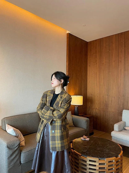🍒Womens brown blazer vintage wool plaid Jacket autumn winter british style trendy eye catching yellow check coat long sleeve female smart casual clothing Chunky Check Charm