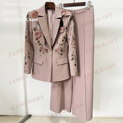 🍒Luxury two piece set womens blazer suit coat beaded 3D flower Jacket plus long wide leg pants suit crystal formal outfits party occasion clothing Don A Diva 3D