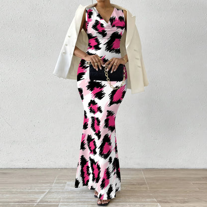 🍒Colourful dress maxi sleeveless fashion boycon bold animal print clothing party evening wear resort wear cowl neck outfit Lookgood Lioness Leopard