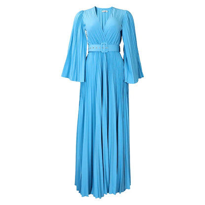 🍒 Dinner party dress V-neck design pleated womens fashion wear elegant maxi oufit with belt long sleeve fashion occasion wear party wear Com-PLEATly Flared Affair