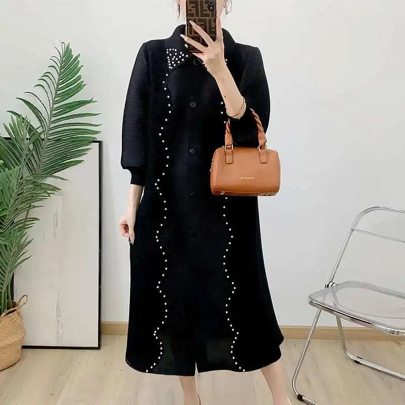 🍒Pleated dress for women spring  high-end occasion wear lapel coat outfit loose beaded long sleeve maxi elastic female fashion 6R5109