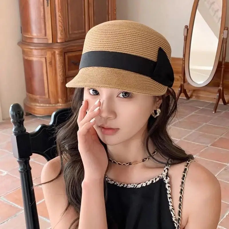 🍒Hat with bow grass straw hat woven cap duckbill hat women sun protection cap for summer outdoor hat fashion DUCK Big Hat  BILLs