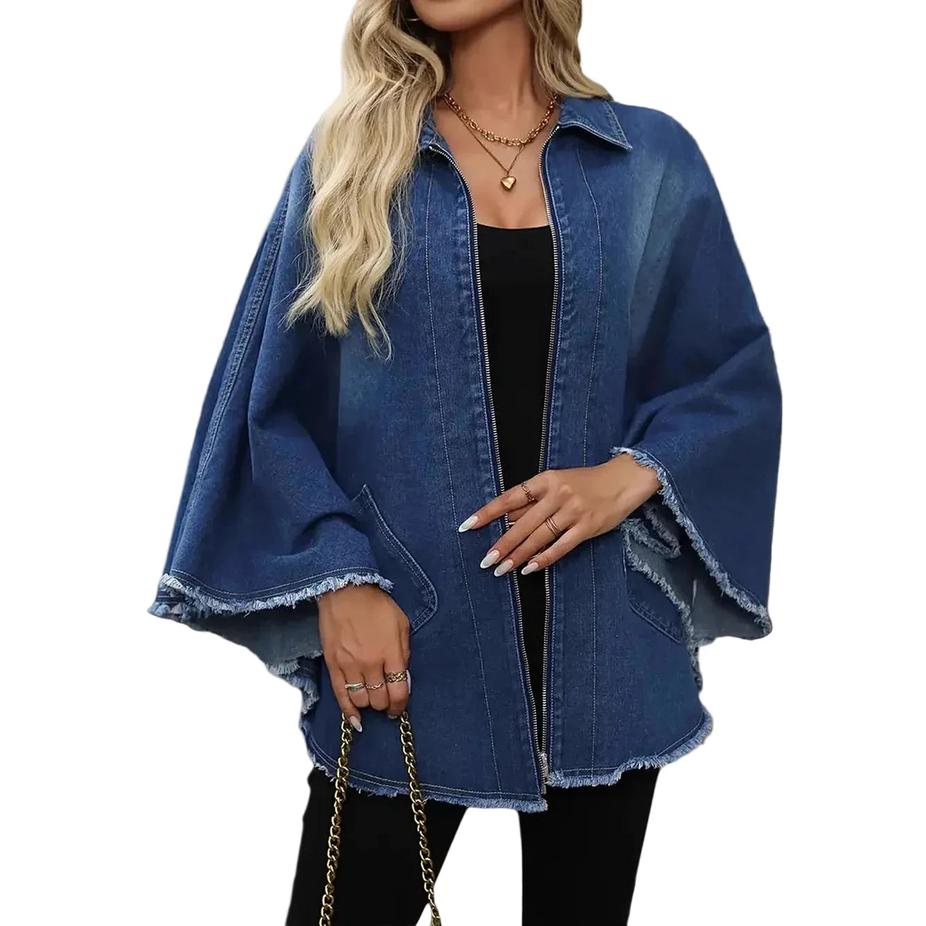 🍒Denim jacket women y2k pocket coat zipper poncho with turn down collar batwing sleeves  outerwear loose casual BAT For The DENIM team And WINg
