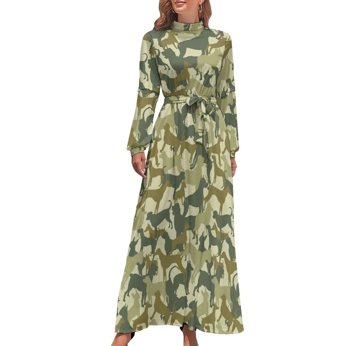 🍒Military camoflauge dress high waist outfit bohemian chic long-sleeve maxi stylish smart casual clothing women Camodel Camo