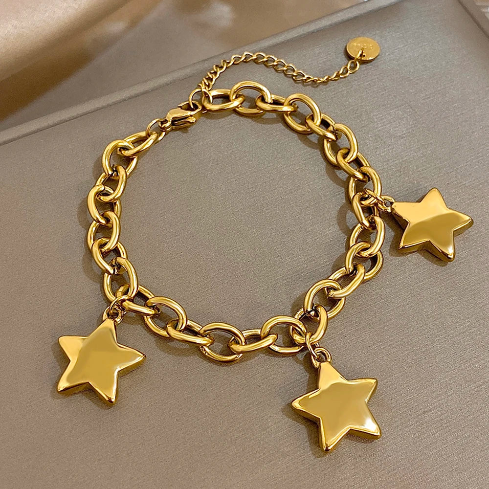 🍒Chunky star bracelet thick  stainless steel pendant chain silver bracelet for women gold plated stars wrist jewellery  you will be STAR-tled When You Get This
