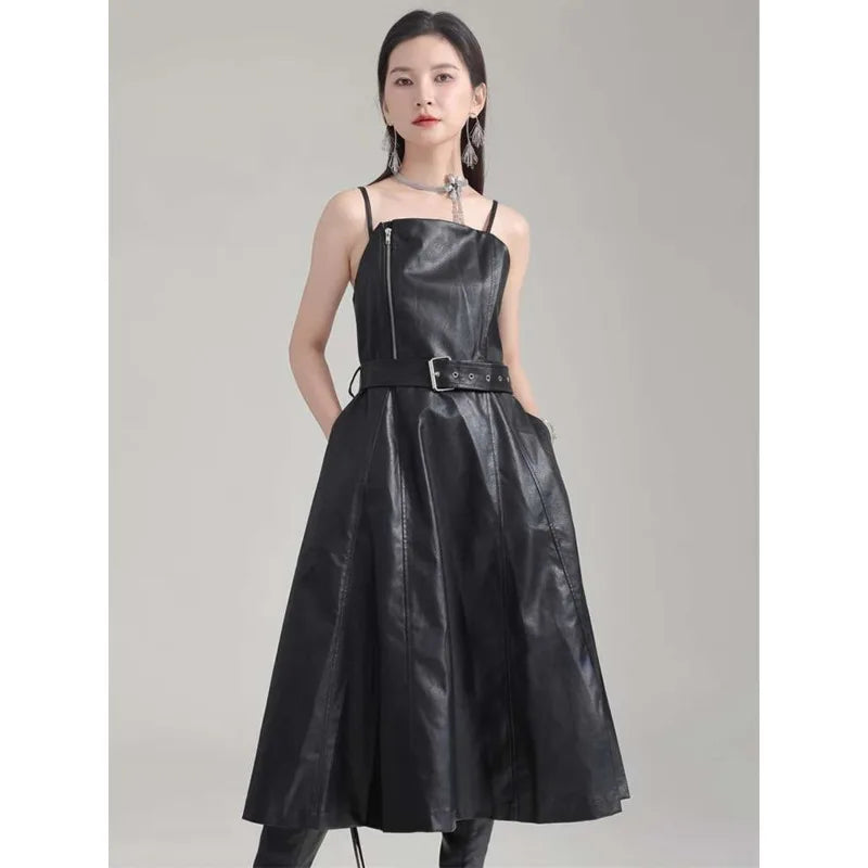🍒Black faux leather dress spaghetti strap pu outfit with zip front sleeveless belted midi a-line dress party occasion wear sleeveless wear for women Like A Biker