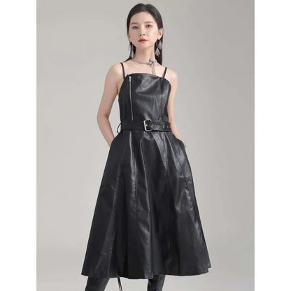 🍒Black faux leather dress spaghetti strap pu outfit with zip front sleeveless belted midi a-line dress party occasion wear sleeveless wear for women Like A Biker
