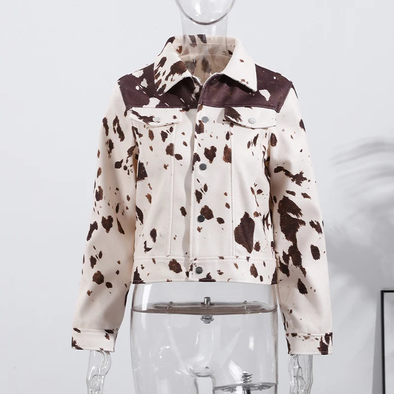 🍒Women's cow print Jacket with lapel collar short zipper coat for smart casual female outerwear  Warm    Milk (it) A Cow
