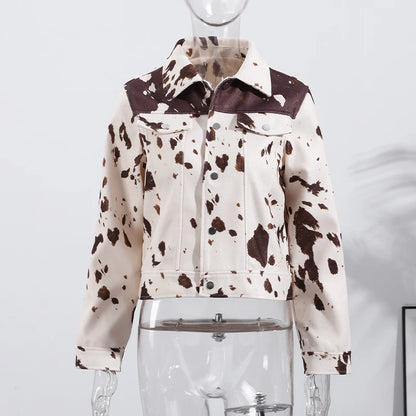 🍒Women's cow print Jacket with lapel collar short zipper coat for smart casual female outerwear  Warm    Milk (it) A Cow