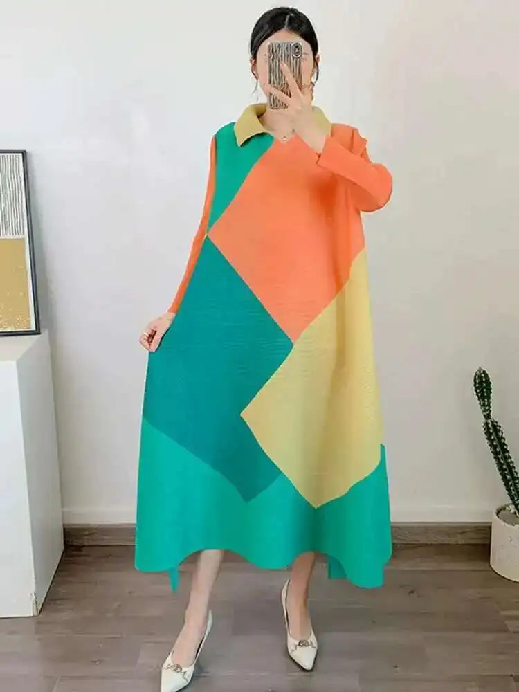 🍒Pleated dress long sleeves colour block outfit midi womens summer loose fashion autumn Clothes smart casual wear Diamond Dress