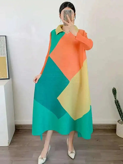 🍒Pleated dress long sleeves colour block outfit midi womens summer loose fashion autumn Clothes smart casual wear Diamond Dress
