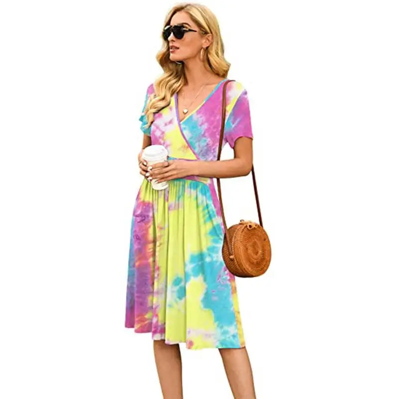 🍒Printed v-neck a-line short sleeve dress floral with high waist over knee outfits for summer womens fashion clothing beachwear holiday clothing A Bunch Of Beautiful Florals
