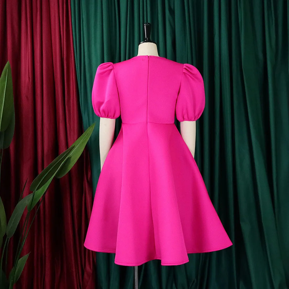 🍒Elegant dresses for woman o neck short sleeve outfit for birthday party high waisted pleated puff sleeves female fashion wear occasion wear evening party wear mid calf luxury B'day Bopper Beauty Babe