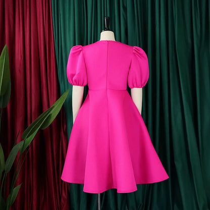 🍒Elegant dresses for woman o neck short sleeve outfit for birthday party high waisted pleated puff sleeves female fashion wear occasion wear evening party wear mid calf luxury B'day Bopper Beauty Babe