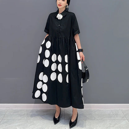 🍒Large polka dot printed dress black and white long shirt dress loose fit plus size fashion chic smart casual wear women Say Yes To Dominos