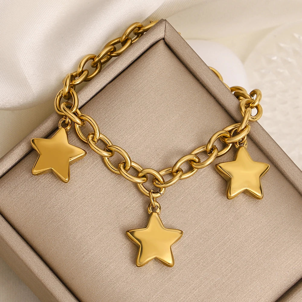 🍒Chunky star bracelet thick  stainless steel pendant chain silver bracelet for women gold plated stars wrist jewellery  you will be STAR-tled When You Get This