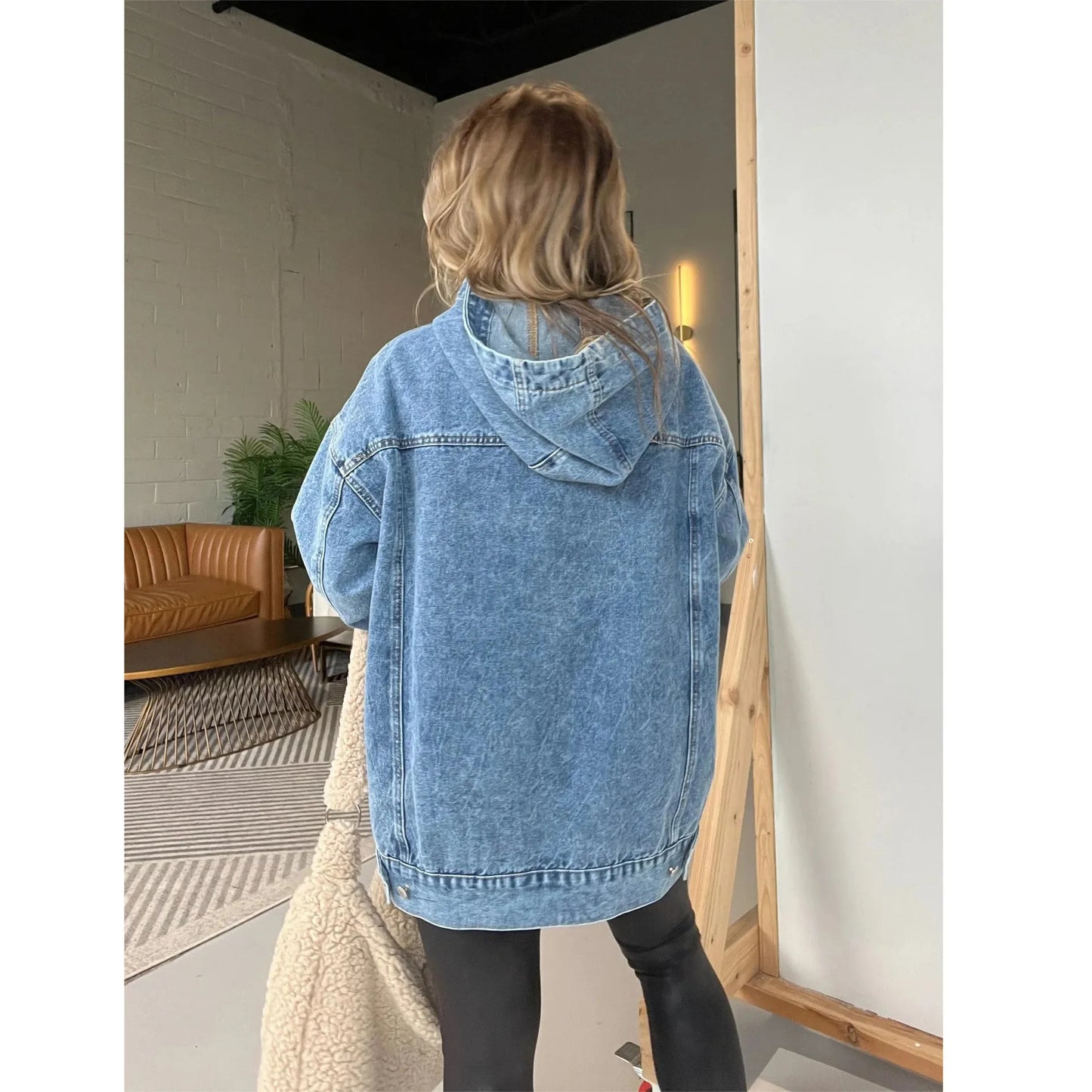 🍒Denim hoodie jeans pullover for women hooded Y2k asthetic distressed top washed loose outer garment casual clothing