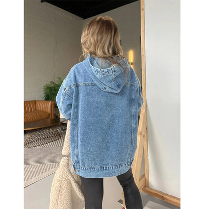 🍒Denim hoodie jeans pullover for women hooded Y2k asthetic distressed top washed loose outer garment casual clothing