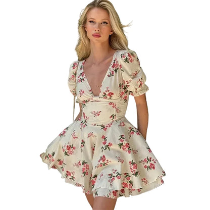 🍒Elegant party dresses for women vintage rose floral a-line outfit mini summer clothing wear with fitted waist printed v -neck short puff sleeve layered smart casual clothes beach party wear Mini Rose Pose