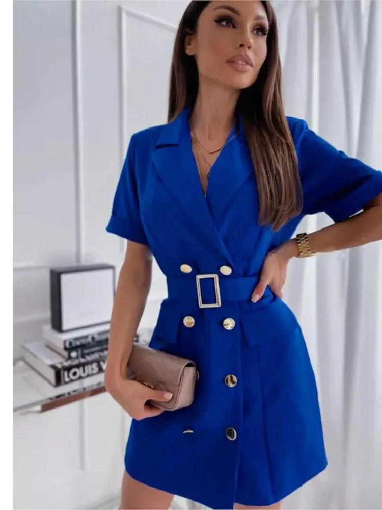 🍒 Short sleeve mini dress plain colour summer fashion casual lapel blazer dress for women double breasted party outfit with Belt Double Takes Winner