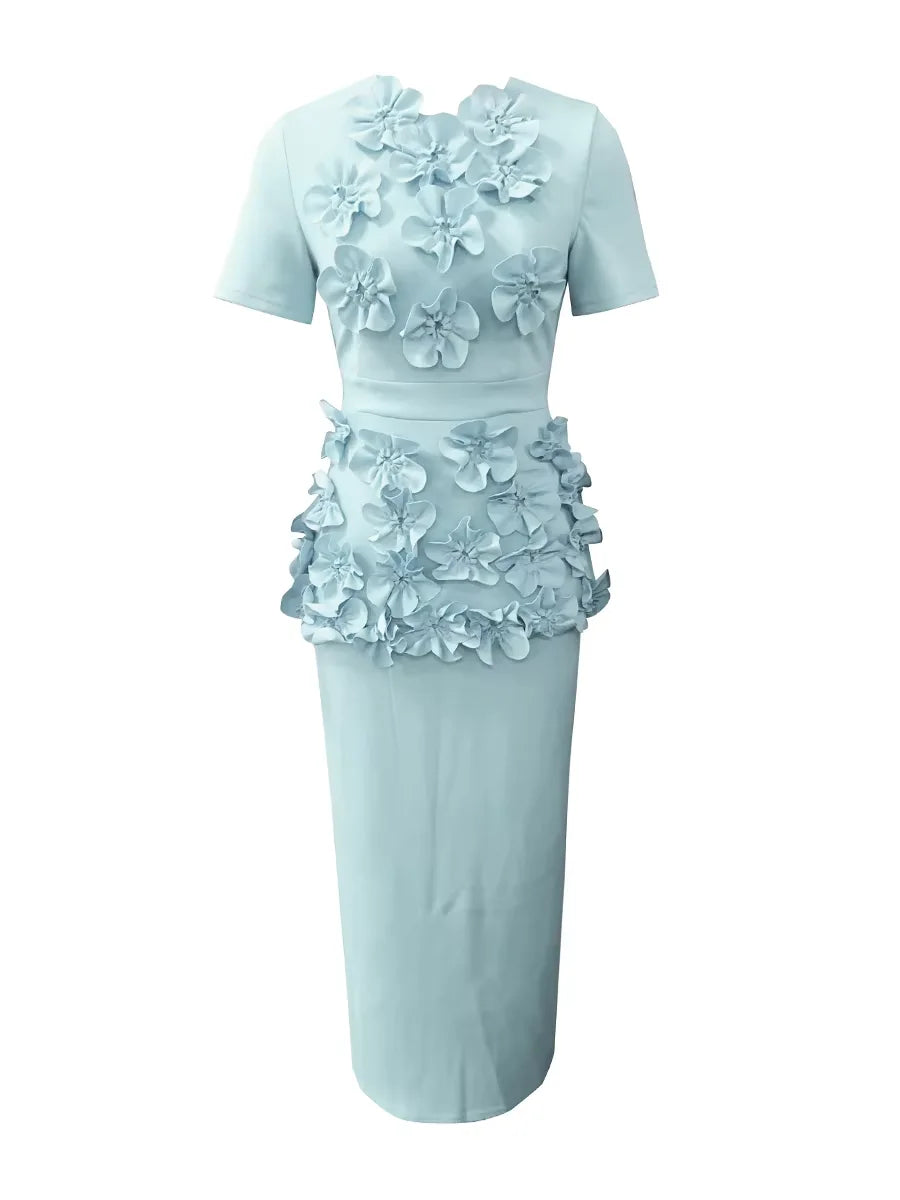 🍒Solid 3D flower two piece set applique outfits for women o-neck short sleeve top and high waist skirt sets feminine clothing fashion wear Blamange in Beauty
