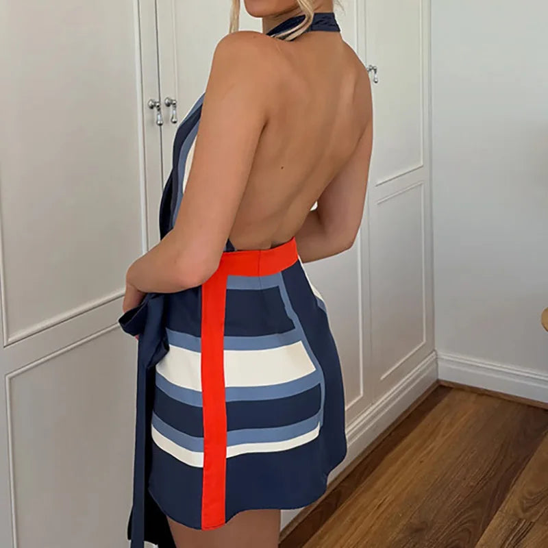 🍒Striped printed short dress tie waist outfit smart casual women halter summer dress elegant backless beach wear holiday clothing Halter Melter