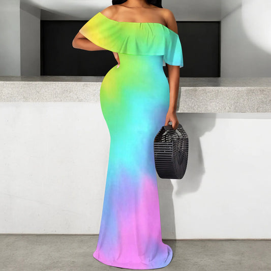 🍒Off shoulder maxi dress gradient color outfit summer party occasion clothing women’s summer wear bodycon beachwear S-3XL Colour Confident Contour