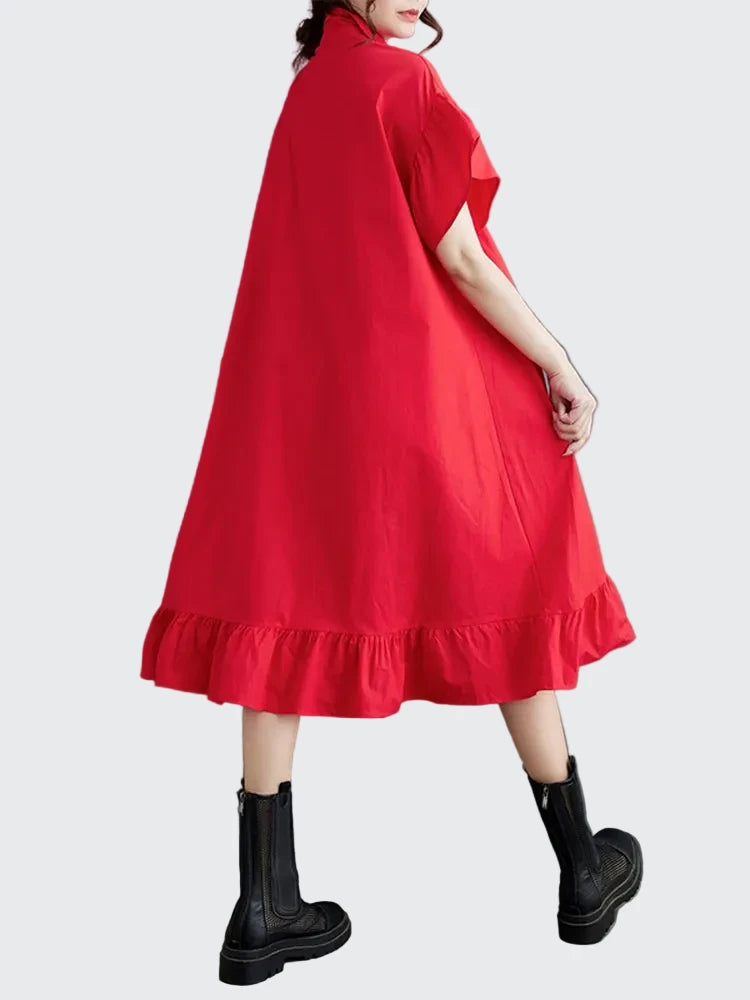 🍒Summer loose dress artistic high low ruffle trim outfit with 3D flower cotton blend office smart casual women mid-length a-Line Don’t Get Ruffled Pick A Flower And Ease lnto Summer