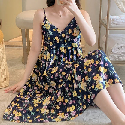 🍒Sleeveless night dress for Women breathable viscose cotton camisole nightie floral  night dress loungewear summer wear holidaywear nightwear Fresh Florals