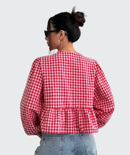 🍒Shirt Women casual blouses spring jacket printed check blouse with bows in front round collar puff sleeve overshirt sweet smart casual female clothes spring Summer wear  Bring Some BOW Beauty And CHECK The Compliments
