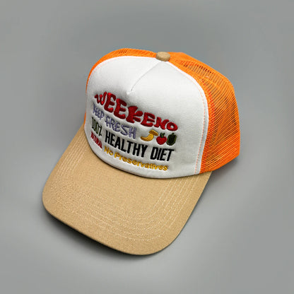 🍒Embroidered baseball caps fresh fruit and wording motif baseball hats unisex fashion colour block trucker caps sunshade casual breathable versatile accessories