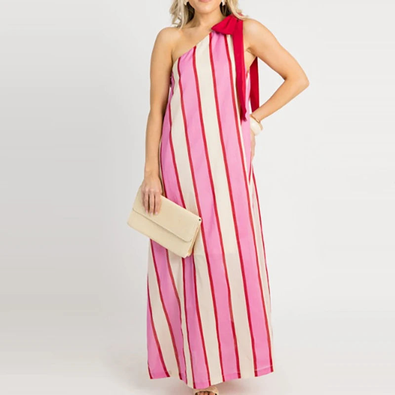 🍒Irregular straight casual women's long dress vacation sleeveless loose dresses bow tie Up striped summer dress Swipe A Stripe