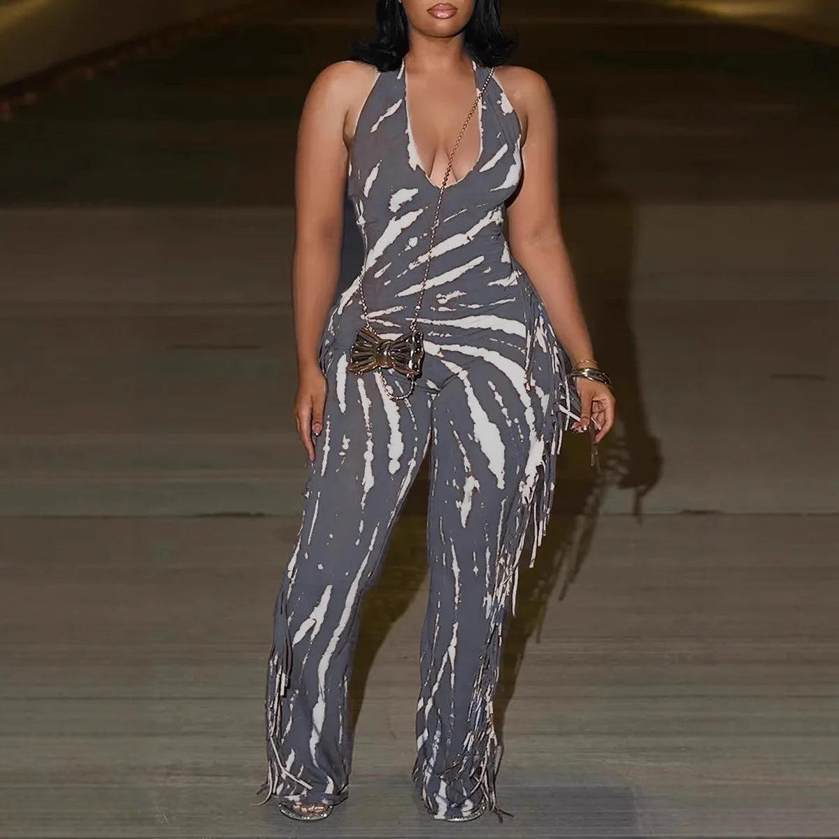 🍒 Bodycon Jumpsuit with tassels womens halter outfit backless skinny long rompers for women Female clubwear party wear fashion Treat Yourself To A Chocolate Swirl