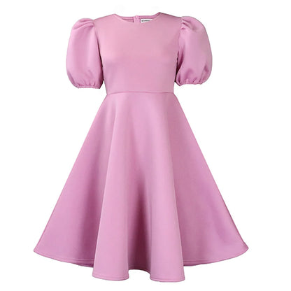 🍒Elegant dresses for woman o neck short sleeve outfit for birthday party high waisted pleated puff sleeves female fashion wear occasion wear evening party wear mid calf luxury B'day Bopper Beauty Babe
