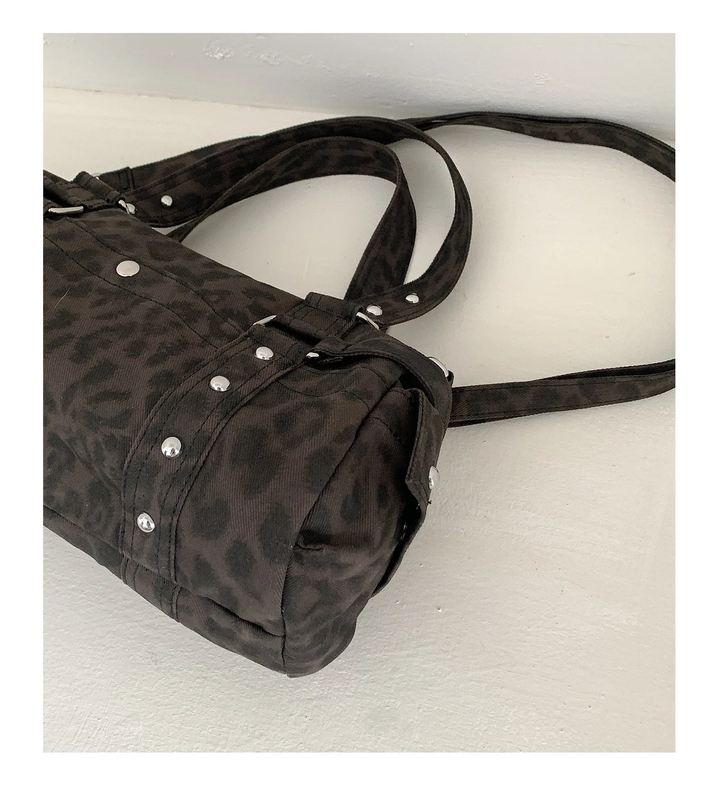 🍒Vintage leopard handbag rivet bag motorcycle barrel shaped crossbody bag boston casual female shoulder fashion totes  Jump On This Animal Its Barrels Of Fun
