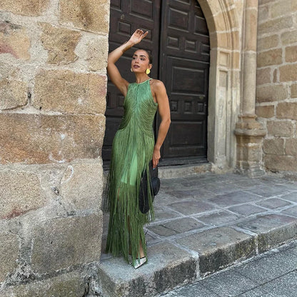 🍒Multi-layer tassel dress women's solid o-neck sleeveless cocktail dress elegant female fashion ball party outfit occasion wear club wear holiday beach party wear No Tossle Tassle