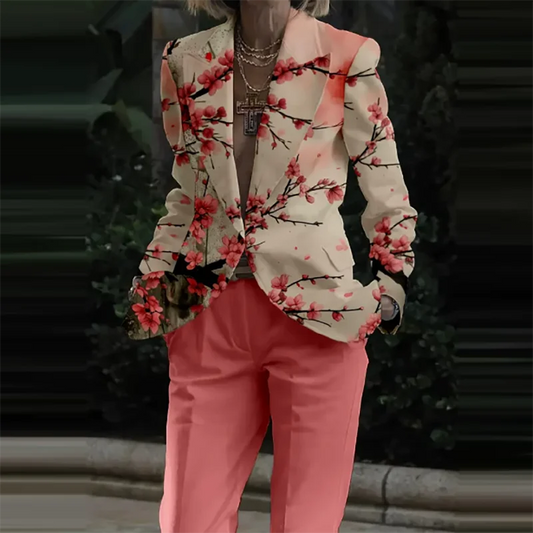 🍒Womens casual suits two piece loose pants set womens lapel long sleeve jacket and trouser set floral fashion pattern print outfit  Look Like Your On A Shoot In A Fruity Suit