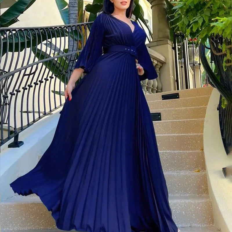 🍒 Dinner party dress V-neck design pleated womens fashion wear elegant maxi oufit with belt long sleeve fashion occasion wear party wear Com-PLEATly Flared Affair