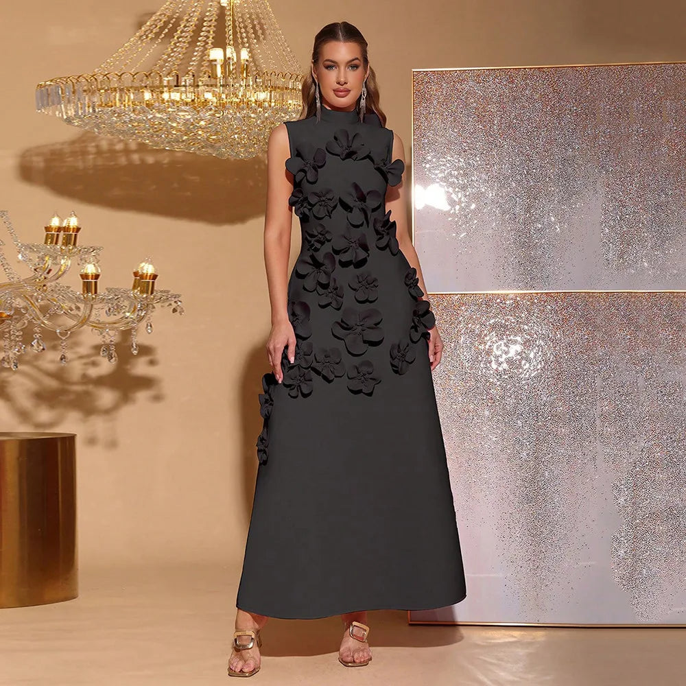 🍒3D flower dress stand neck a-line midaxi outfit for summer evening fashion occasion  partywear fashion Three Sixty 3D