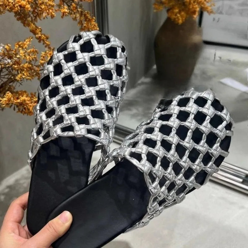 🍒Women's flying woven mesh sandals breathable flat shoes for women summer round toe sliders shallow mouth soft sole slippers for women anti-slip fabric Wear-resistant footwear Will Be Golden Oldies